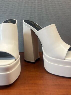 Women's White Platform Block Heel Mule Slip-On